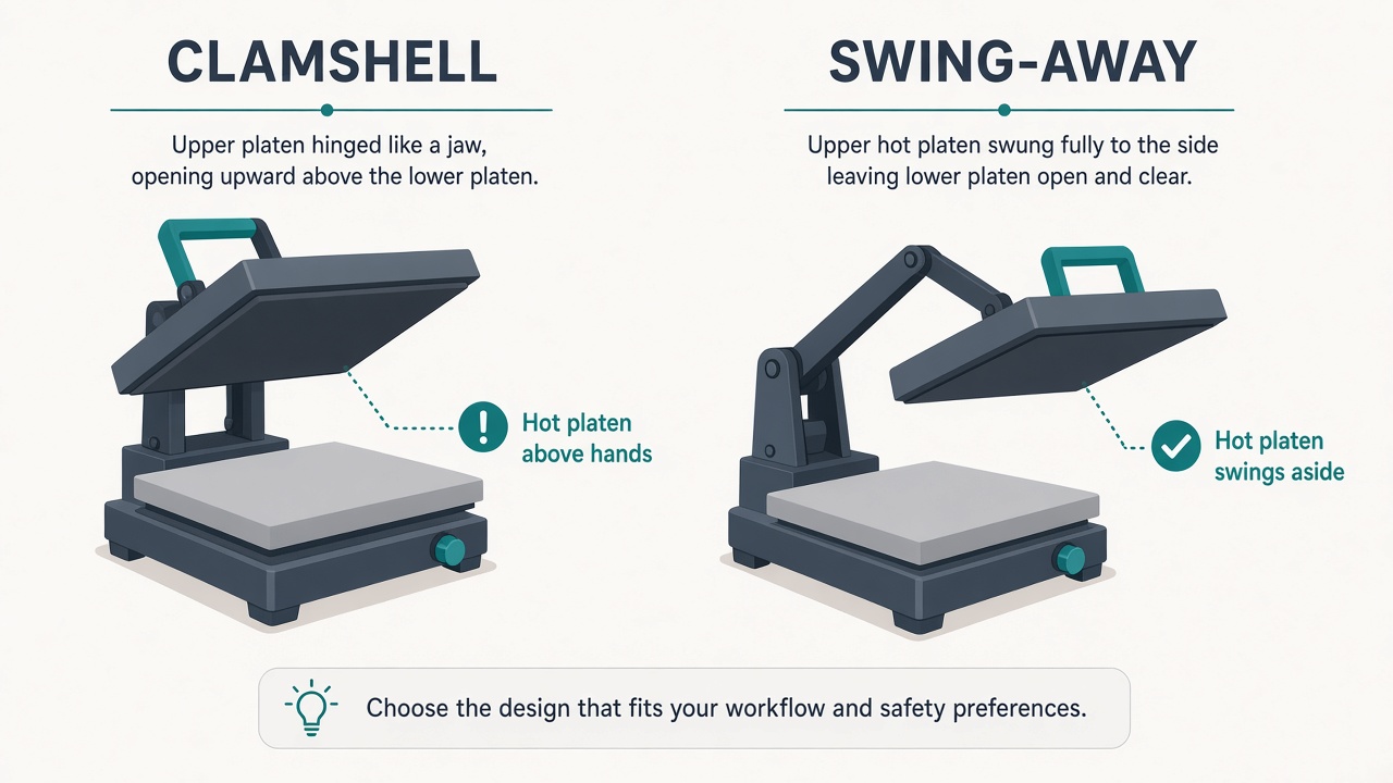 Side-by-side diagram comparing a clamshell heat press (upper platen hinged open above the lower platen, with a warning that the hot platen stays above your hands) and a swing-away heat press (upper platen swung fully aside so the lower platen is clear for loading).