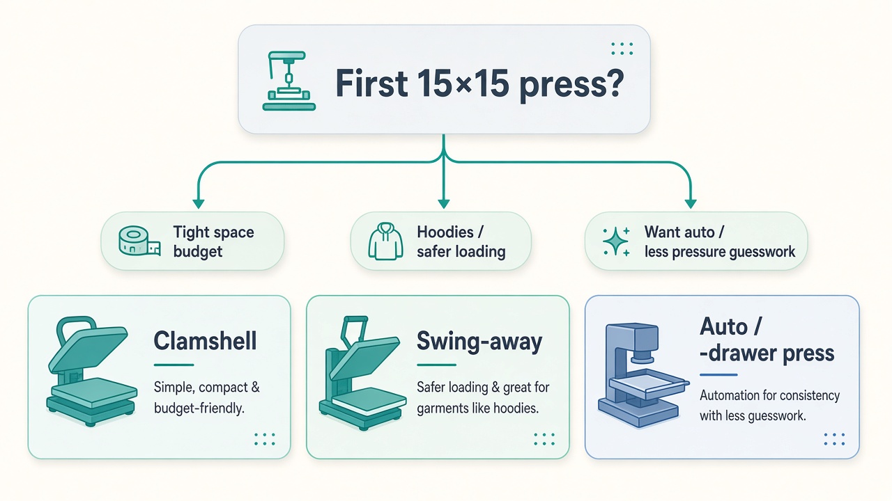 Visual decision tree titled First 15 by 15 press. Choose clamshell for tight space and budget, swing-away for hoodies and safer loading, or an auto drawer press if you want less pressure guesswork.